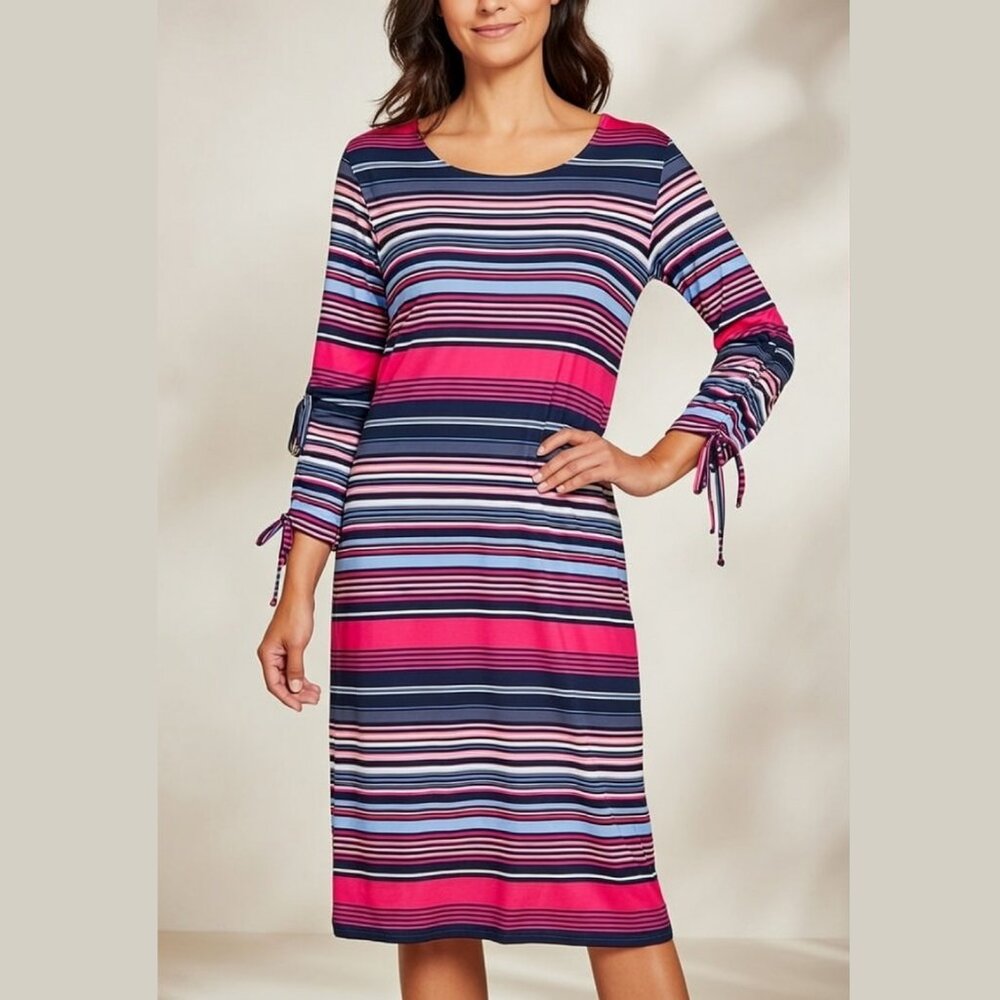 NWT Zoe + Phoebe Multi Color Striped Tie Sleeve Dress L Nautical Coastal Preppy